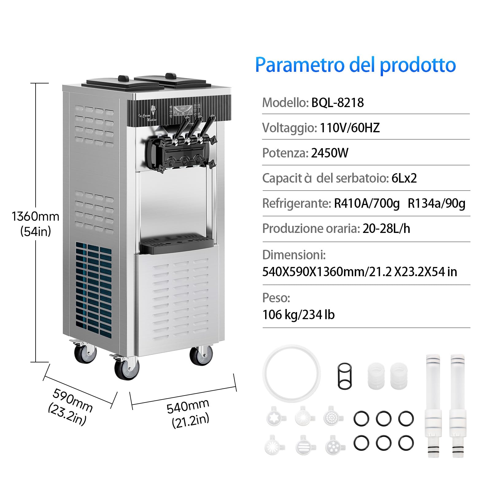 Gelatiera Professionale Soft Serve con compressore autorefrigerante, Con funzione di conservazione, Preparazione in 15min, 2200W, autoportante, Acciaio Inox, 6L x 2