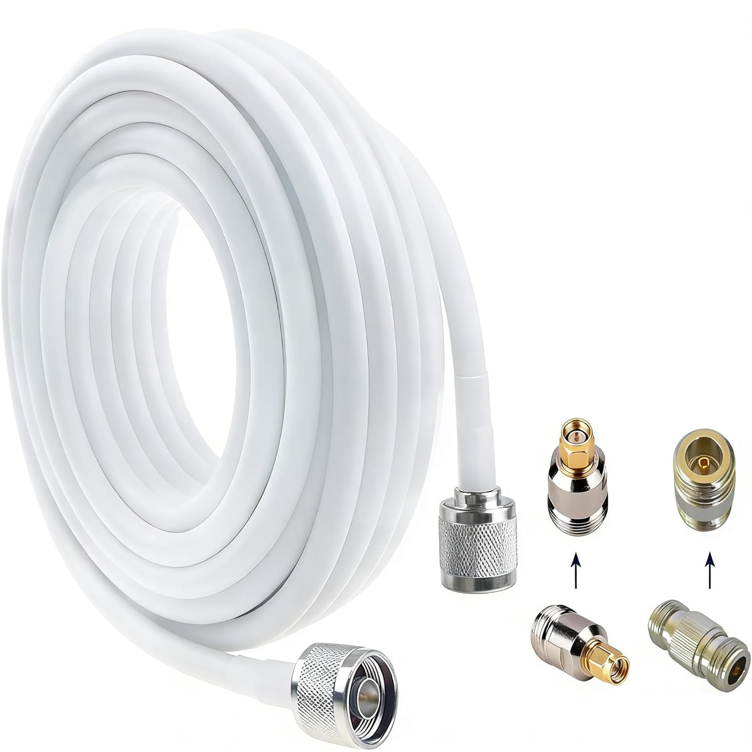 N Male to N Male Coaxial Cable 50ft - 3D-FB White | Includes N-N & N-SMA Adapters, High-Speed 50ohm Cable for Cell Phone Signal Booster, 4G LTE 5G Antenna