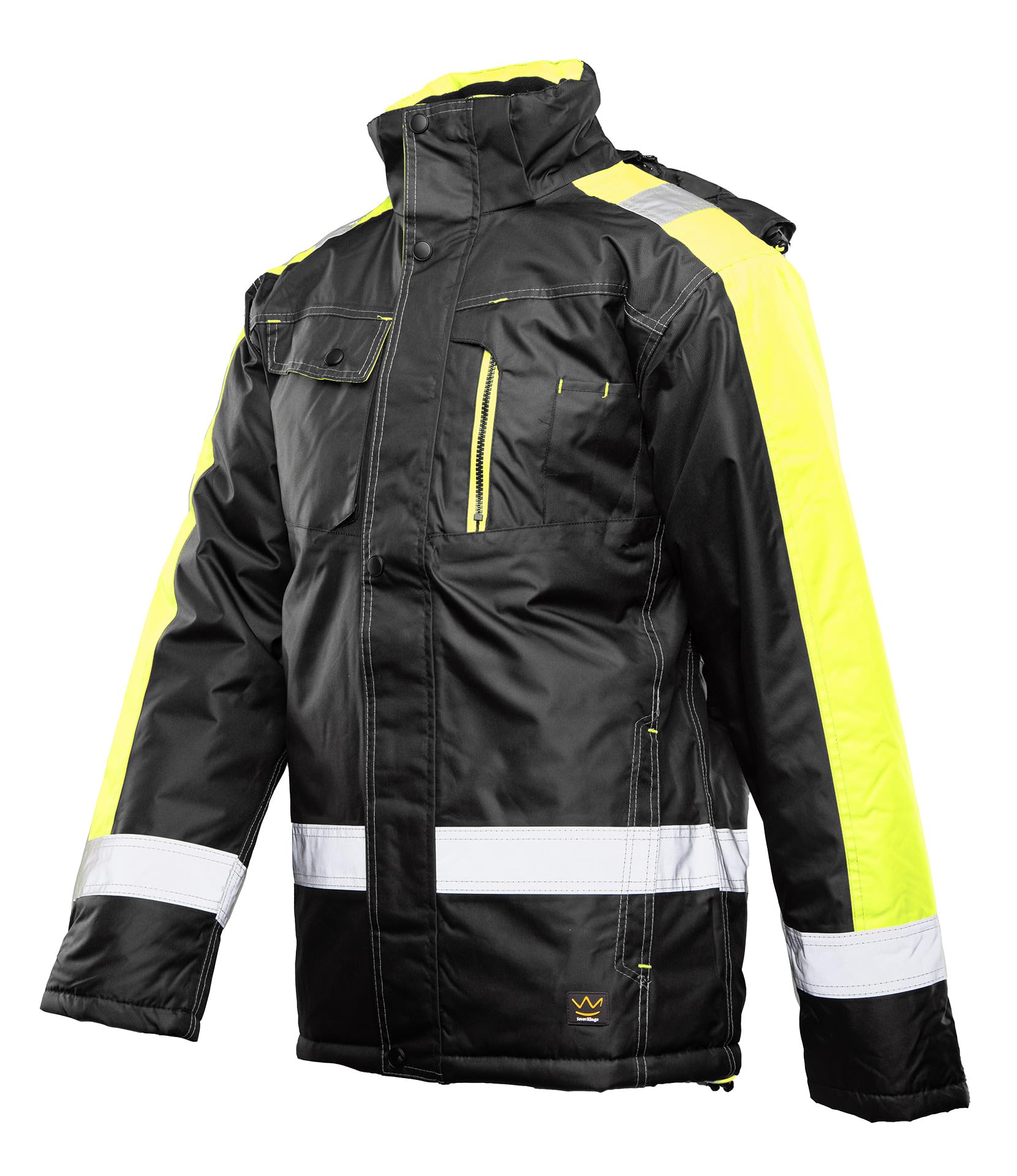Arbeitsjacke Herren Winter wasserdicht warm gefüttert – reflektierende Warnschutzjacke mit Kapuze – robuste Winterarbeitsjacke Männer für Arbeit Baustelle Lager - mit vielen Taschen & Reißverschluss