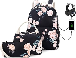 Floral Canvas Backpack Set Girls College Bookbag with Lunch Bag and Pencil Bag