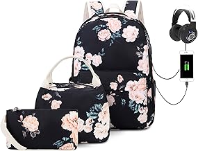 Laptop Backpack for Girls Women, School Backpack with Lunch Bag and Pencil Bag, College Bookbag Travel Daypack with USB Charging Port and Headphone Interface, Floral