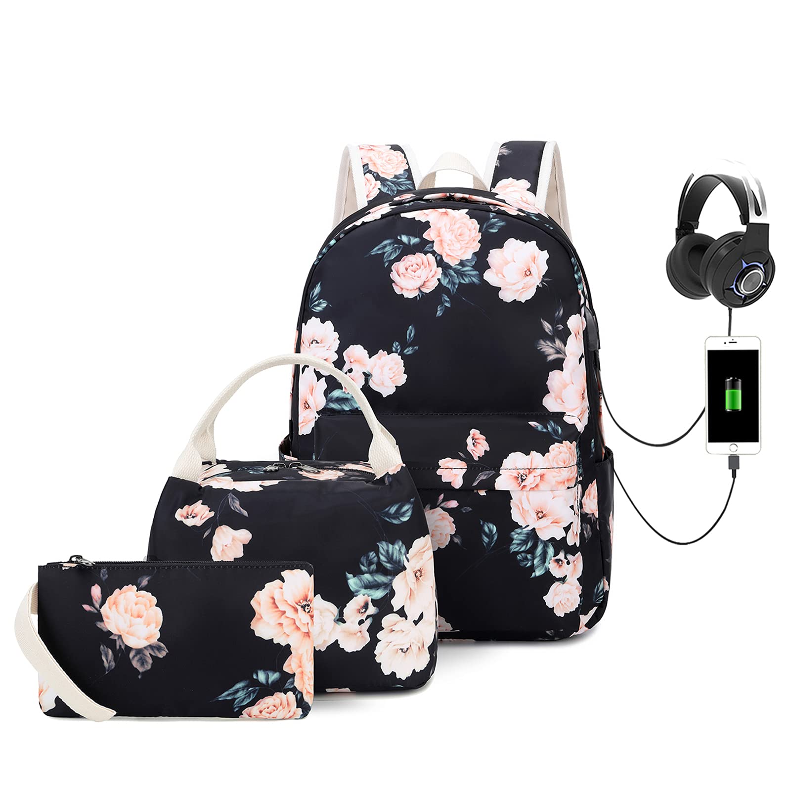 Buy Floral Canvas Backpack Set Girls College Bookbag with Lunch Bag and
