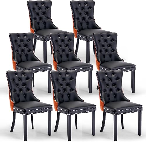 Miniatura 13 de Juego de 6 sillas de comedor de terciopelo, sillas de comedor tapizadas acolchadas con ribete de tachuelas y patas de madera maciza para cocina,