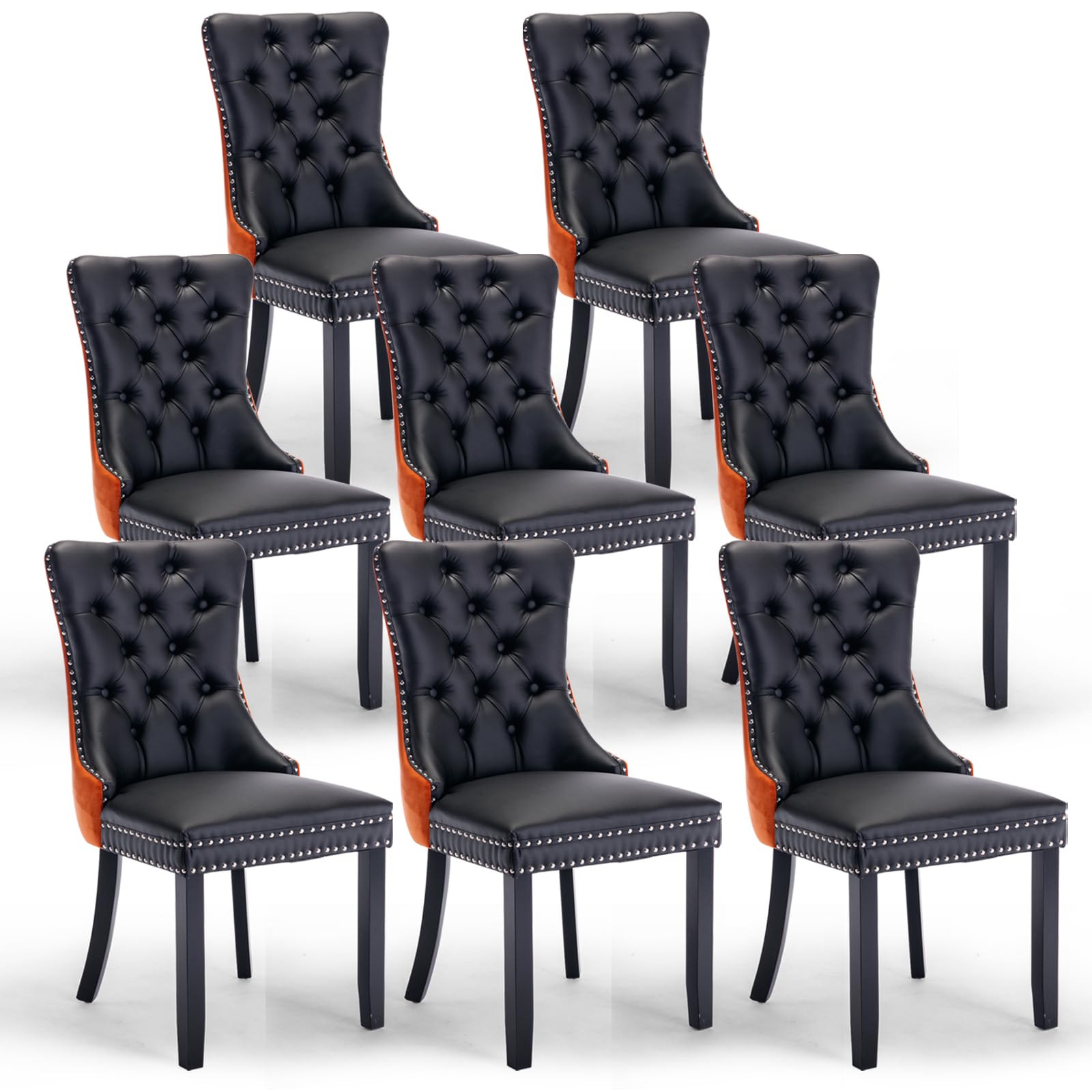JETEAGO Leather Dining Chairs Set of 8, Tall Back Side Chair, Modern Upholstered Side Chair with Button Back Ring, Solid Wood Legs (Black&Orange)