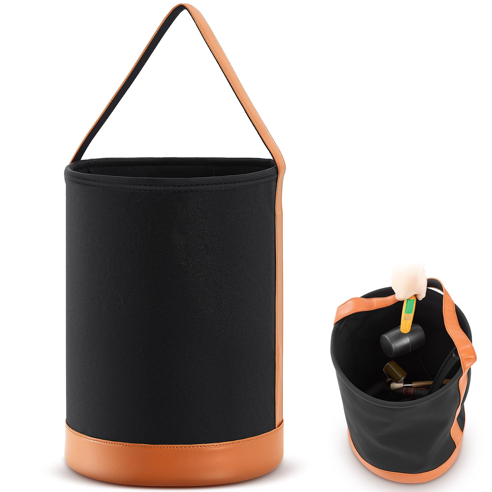 SilTriangle Canvas Bucket Tool Bag 17" x 12" Flame-Resistant Tool Bucket Made of No. 4 Canvas with Leather Bottom and Handle for Electrician Carrying Tools at Heights Iron Workers Welding