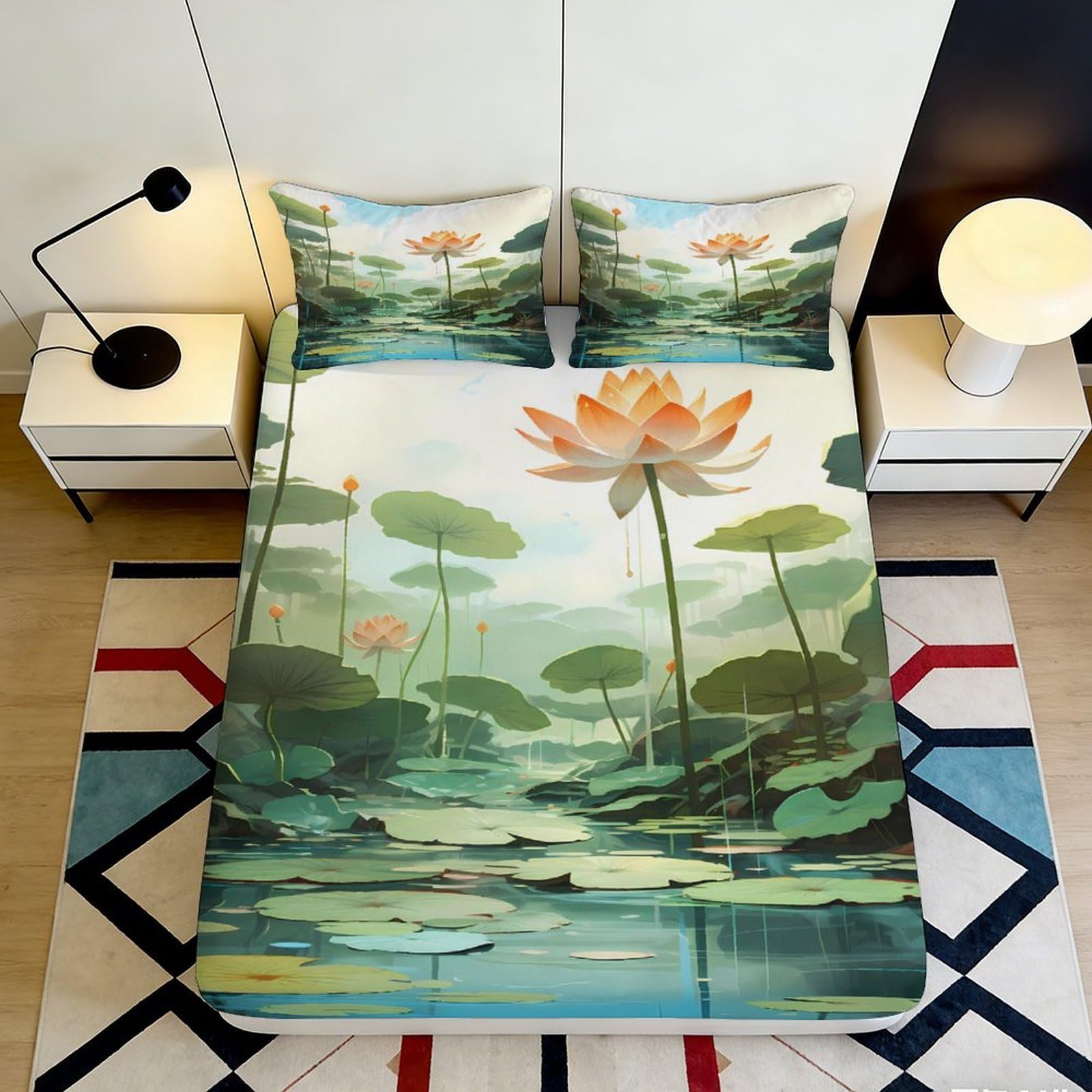 3D Printed Lotus Pond Fitted Sheet Microfiber Green Water Lily Bed Cover for Bedroom Guest Room Mattress Protection 90x200x25cm