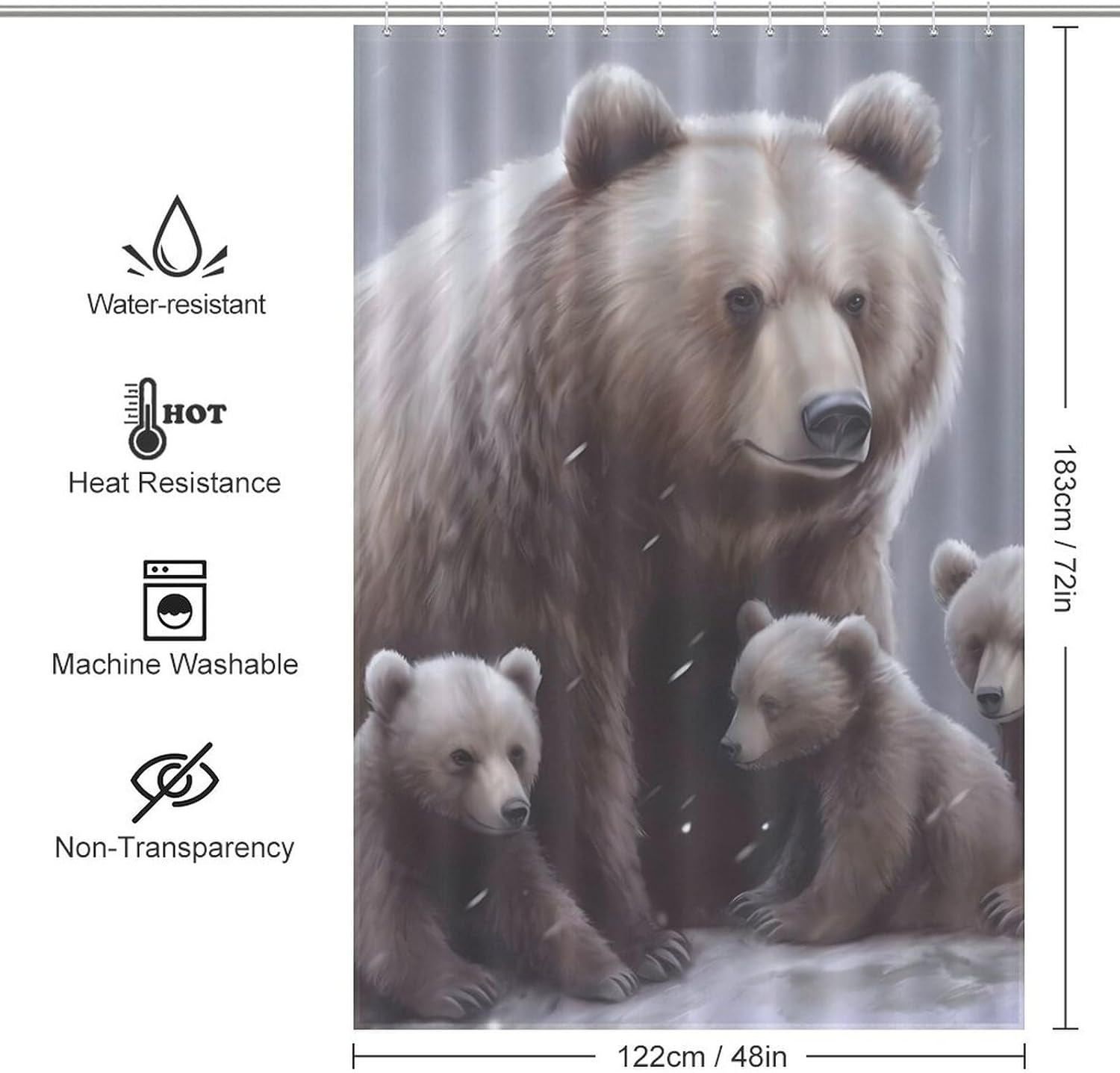 Bear Mama Little Winter Day Funny Shower Curtains Washable Bath Curtain Liner with Hooks for Bathroom Bath Tubs