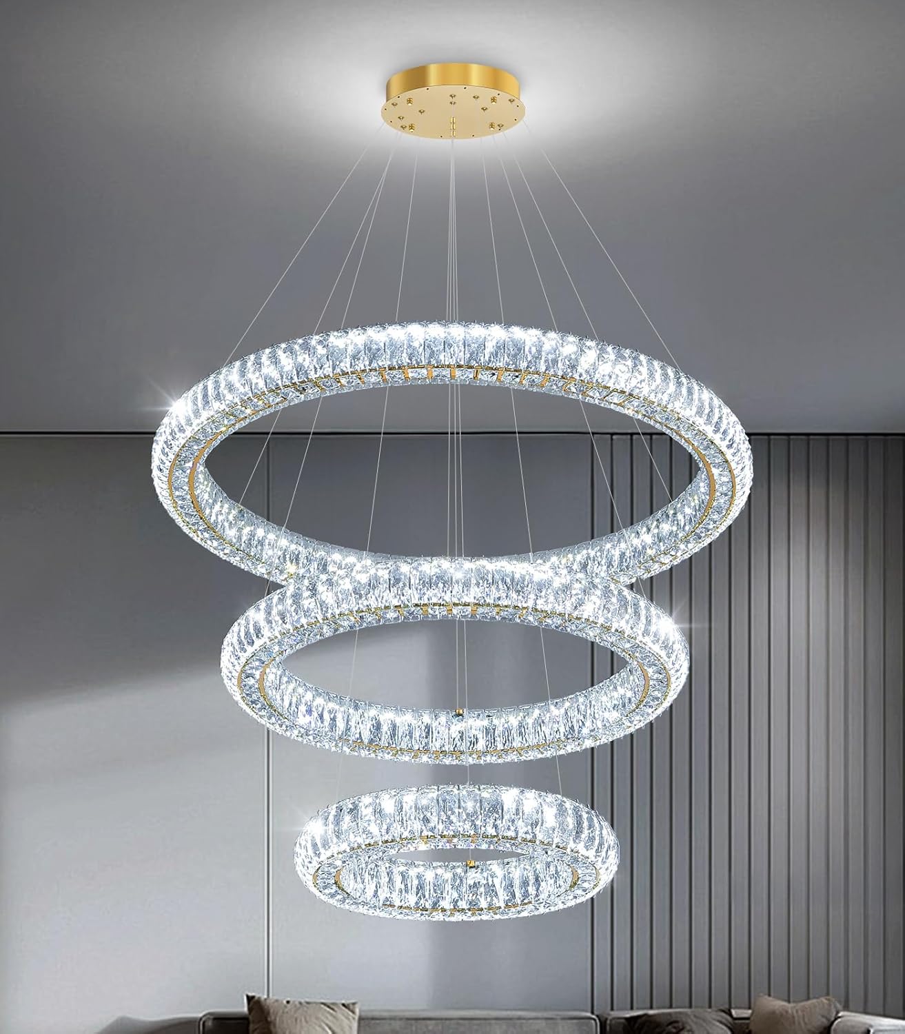 3 Ring Modern Crystal Chandelier Dimmable Ring Pendant Light Round Crystal Chandeliers for Living Room Dining Room Bedroom 32'' Gold