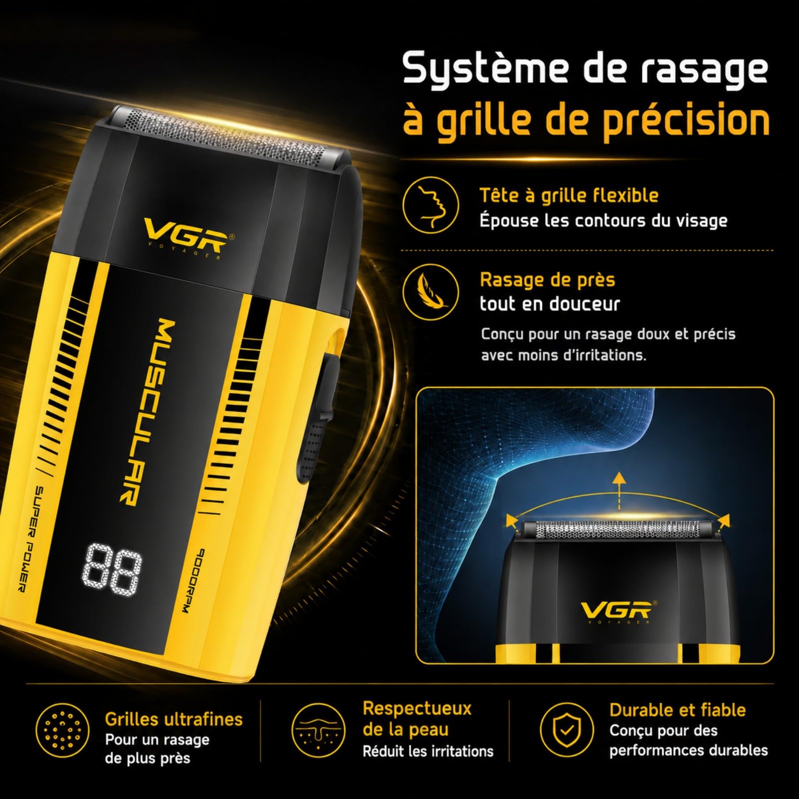 VGR 285S Shaver Homme Sans Fil, Rasoirs à Grille Homme Avec Moteur 9000 RPM