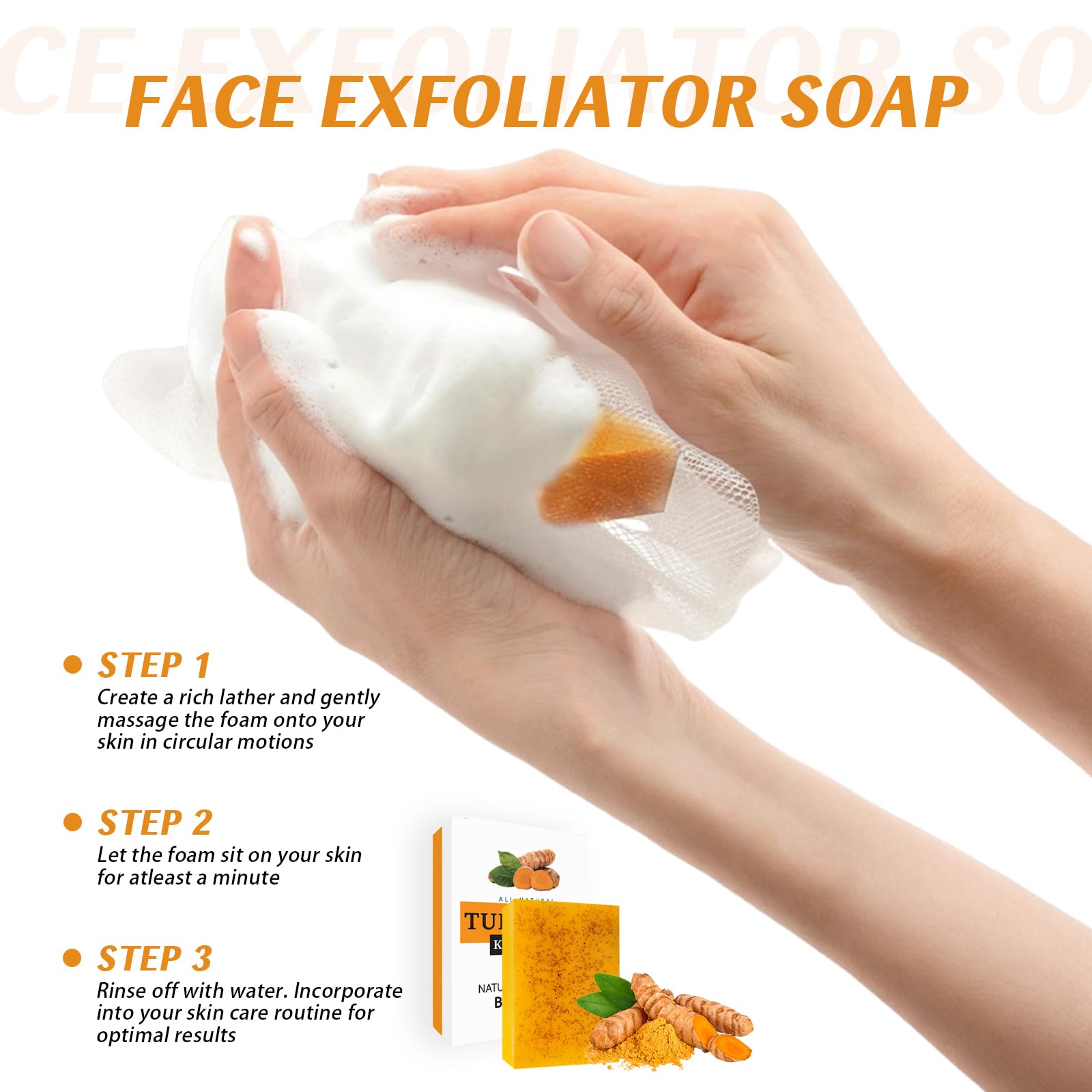 6PCS Turmeric Soap Bar, Kojic Acid Soap, Natural Handmade Kojic Soaps with Foaming Nets - Image 2