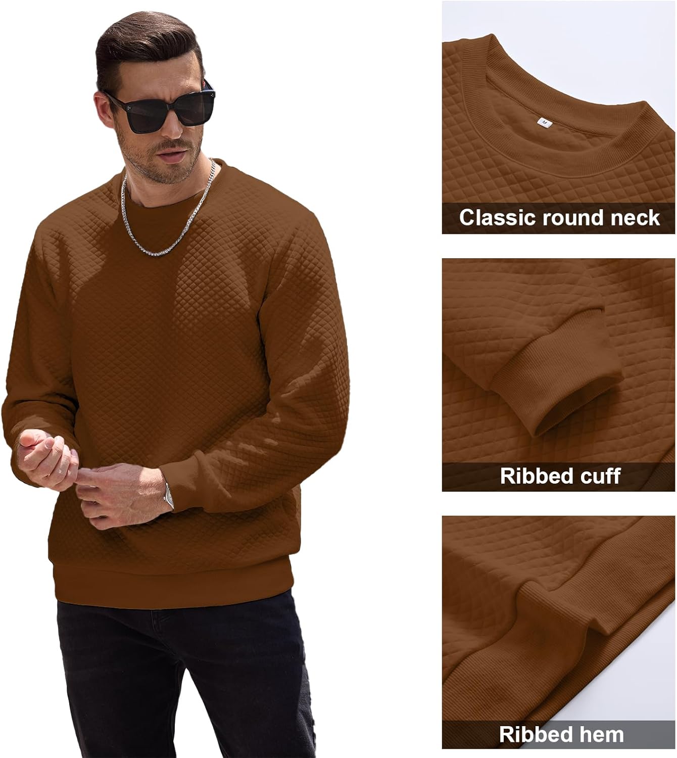 HOTake Mens Crewneck Sweatshirts Waffle Panttern Texture Outdoor Leisure Pullover Sweatshirts - Image 4