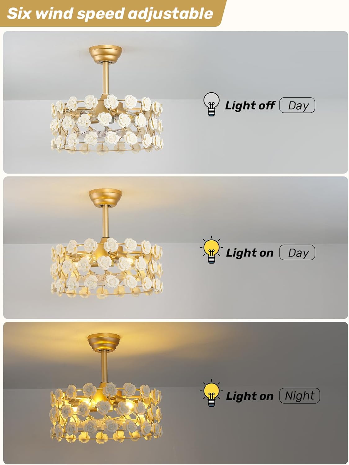 Gold Ceiling Fan Chandelier with Light, Caged Ceiling Fan Flower, 20" Fandelier Ceiling Fans with Lights Remote Control, Mid-Century for Girl's Bedroom, Nursery, Living Room