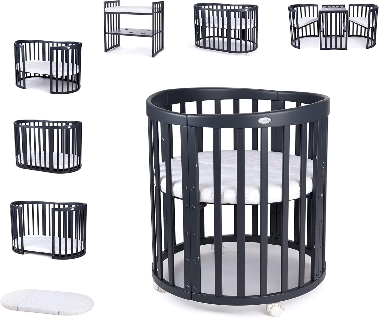 Waldin Oval Baby-Bett Mitwachsend Komplett Set 7in1, Gitterbett, Kinderbett mit Matratze, Wickelkommode, Beistellbett Holz Graphit
