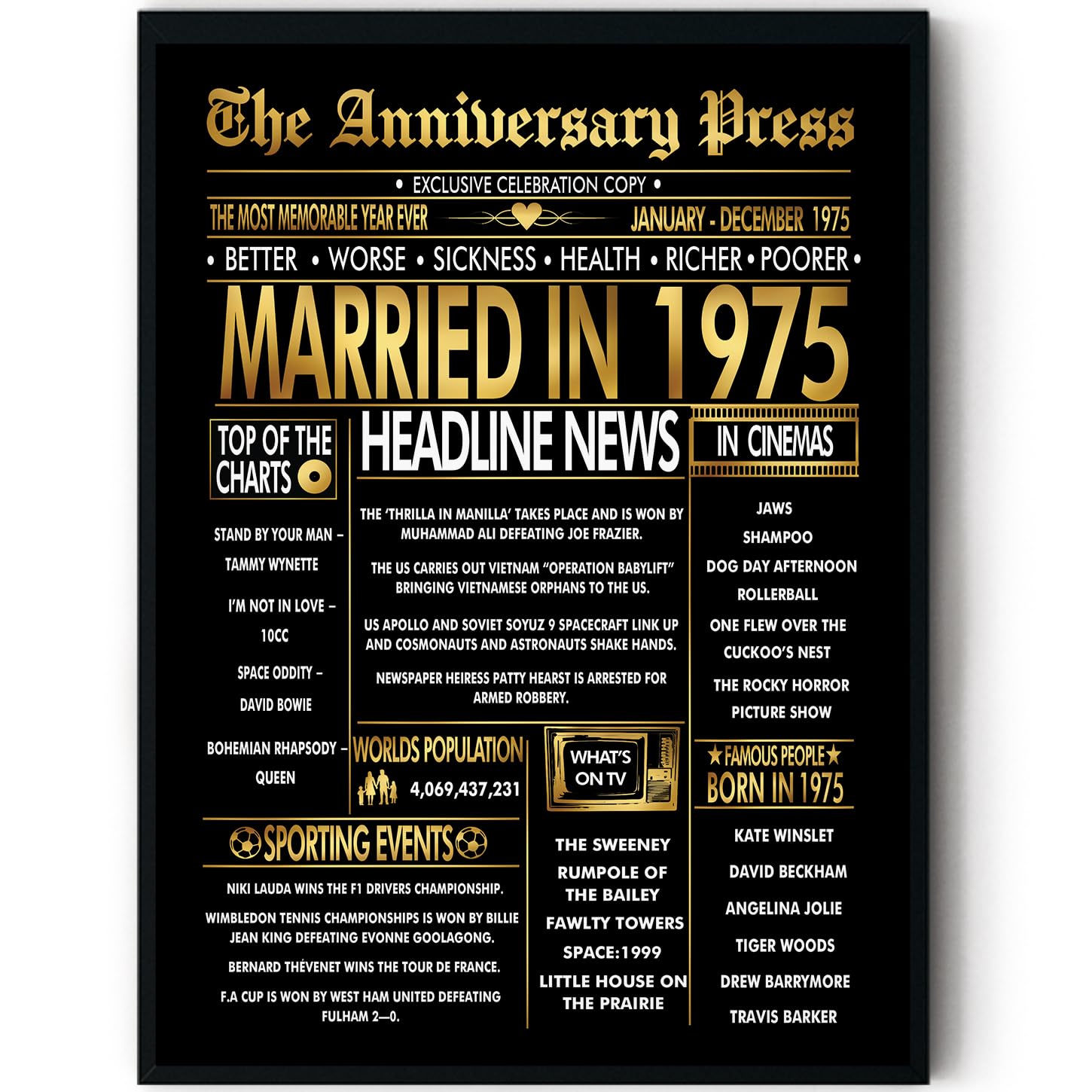 Stuff4 Men's 1975 Gold 51St Anniversary Poster Framed - Golden Married In Newspaper - 51 Anniversary For Wo Retro Vintage Gifts Back In 8X10 Inch Bday Party Decor Decoration