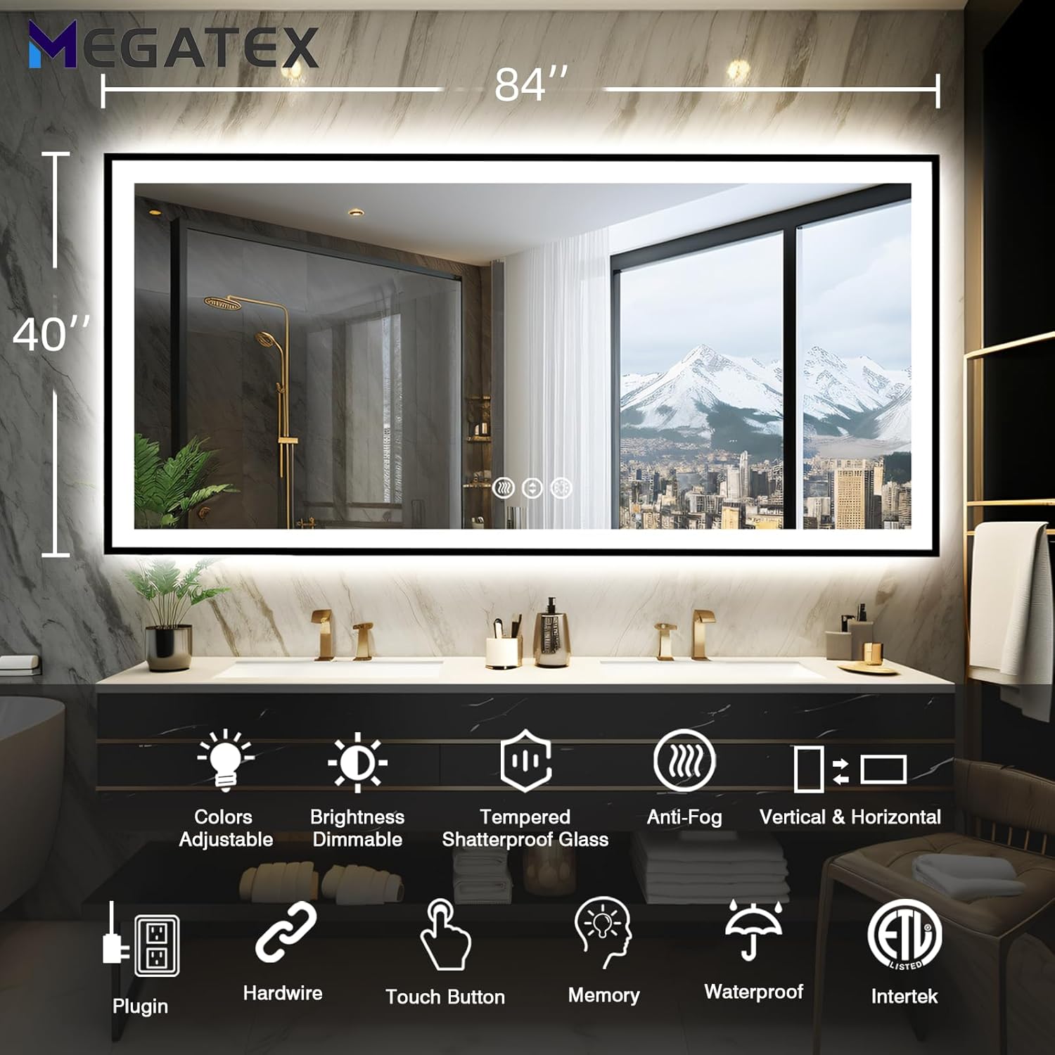 84x40 Large Light up Bathroom Mirror, Wall-Mounted LED Vanity Mirrors, Black Trim and Double Lights, 3 Colors and Stepless Dimming, Anti-Fog, Memory, Shatterproof (Horizontal/Vertical)
