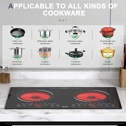 Miniatura 2 de Hobsir Hob Estufa eléctrica de 2 quemadores de 110 V, doble estufa eléctrica, encimera de 24 pulgadas y estufa eléctrica integrada con enchufe,