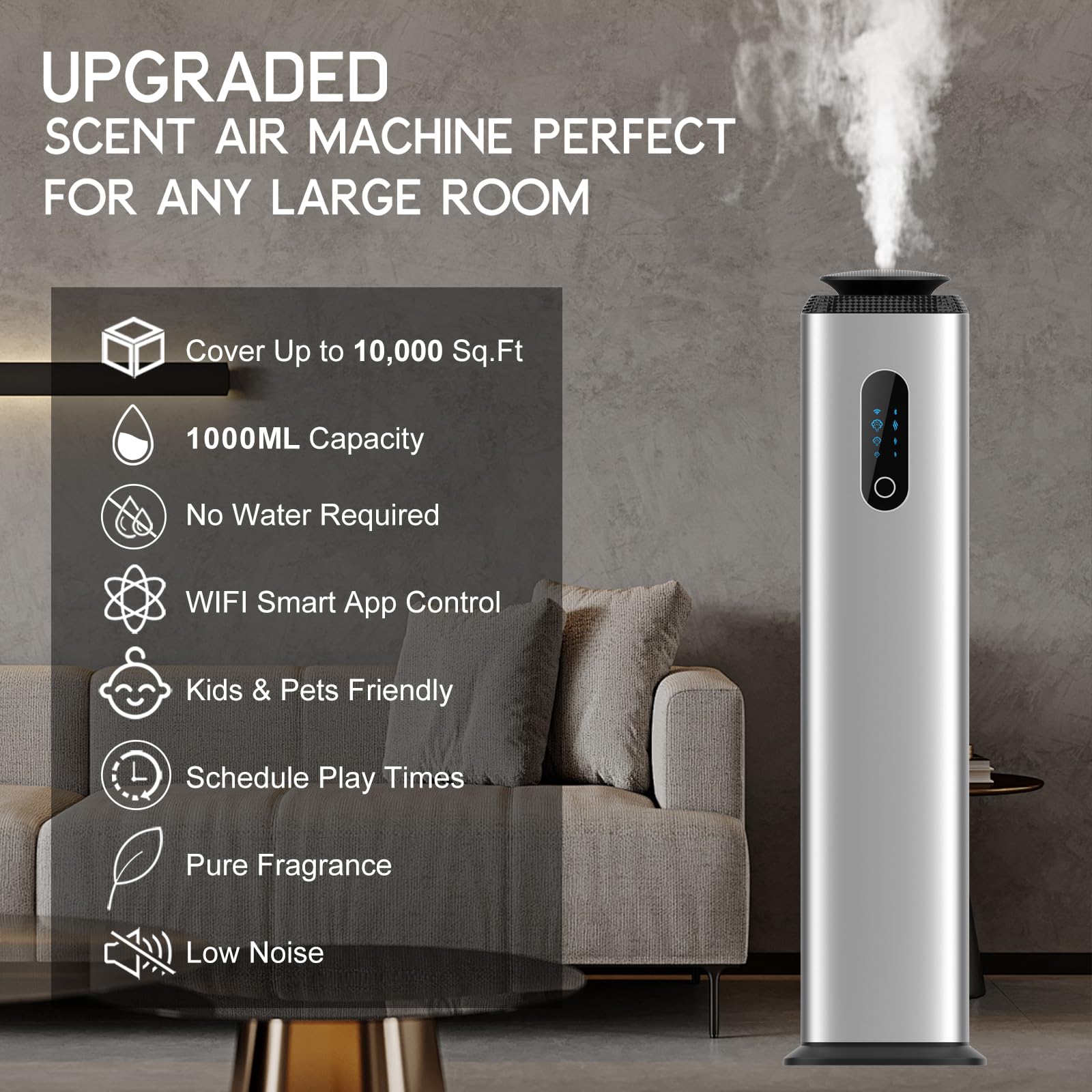 Difusor de aroma Tower Hotel de 1000 ml con control de aplicación WiFi para toda la casa, cubierta de máquina difusora comercial, 10000 pies cuadrados, máquina de aire aromático y difusor de aceite