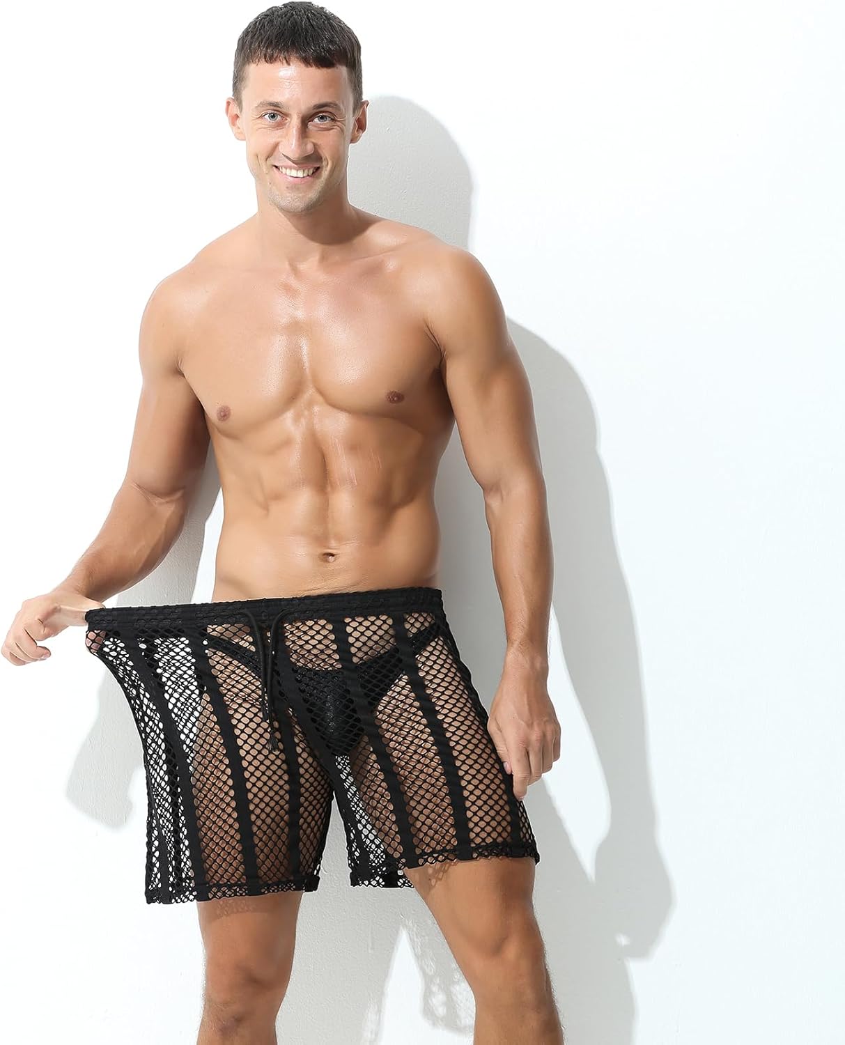 Evankin Mens Sexy stripe Fishnet Shorts See Through Mesh Loose Shorts Sheer Lounge Boxer Underwear Trunks - Image 2