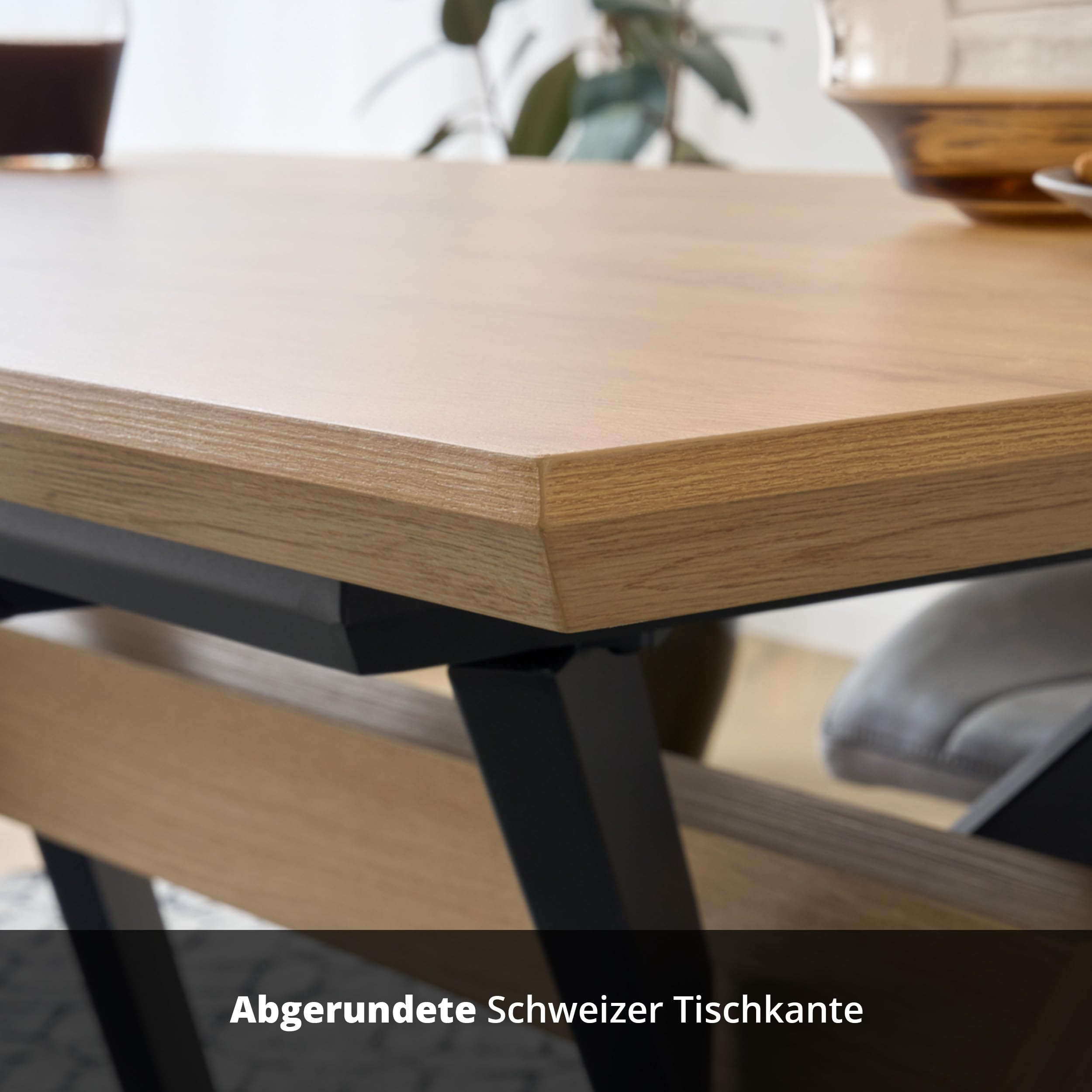 KHG Esstisch ausziehbar 140-180 cm - Küchentisch für 8 Personen mit Butterfly-Auszug, Eiche Optik, Schweizer Kante, Metallbeine beschichtet, Industrial Design, stabil & pflegeleicht