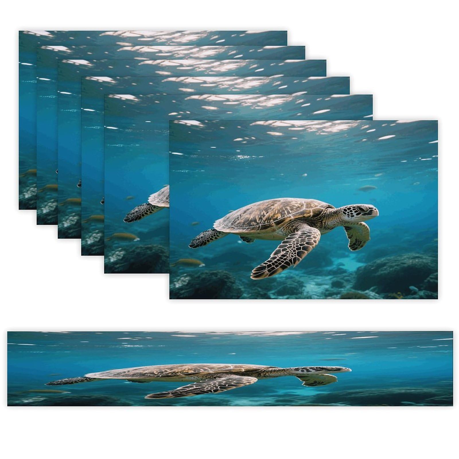 Sea Turtles Table Runner and Placemats Set of 7 Linen Table Mat Non-Slip Place Mats Washable Placemat Heat Resistant Place Mat with Table Runner for Party Dining Decor