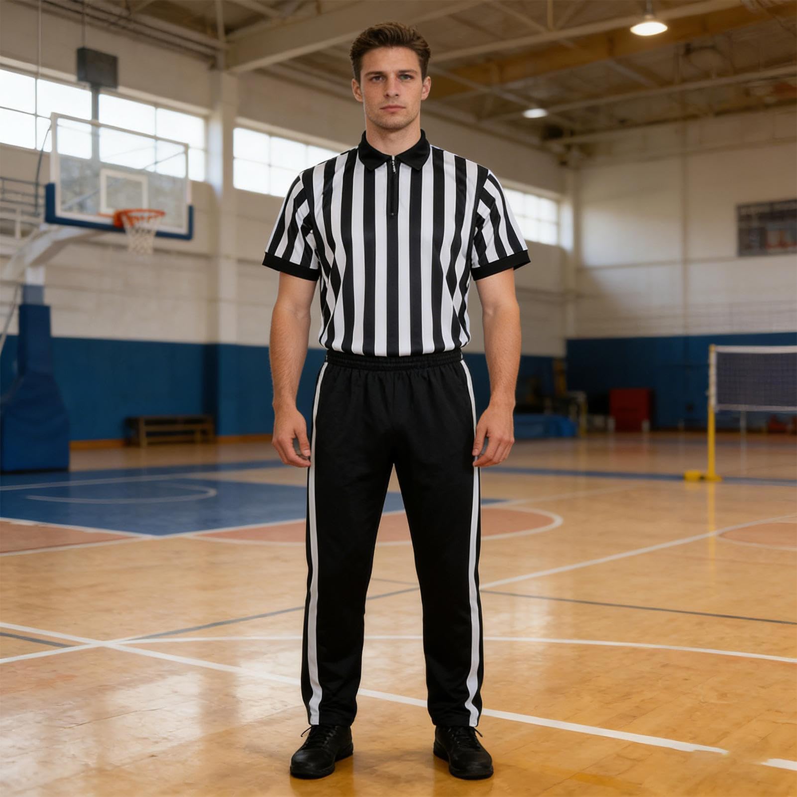 Set di maglia da arbitro a righe, maglietta a maniche corte con scollo a V e pantaloni, da calcio, basket, hockey, pallavolo, baseball, softball, palestra, uniforme sportiva per arbitri e partite di