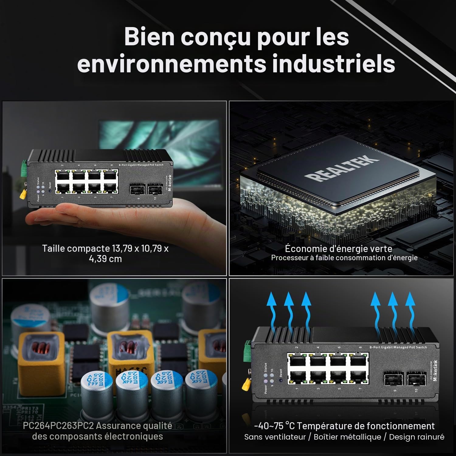 MokerLink 8 Port Gigabit PoE Industrial DIN-Rail Ethernet Switch Managed, 2 SFP Ports, IEEE802.AF/at 96W PoE+ Power, Web L2+ Managed IP40 Network Switch, avec Alimentation électrique
