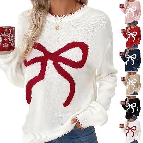 Valentines Sweater Women Y2K Cute Bow Print Pullover Cable Knit Sweater Casual Loose Fit Long Sleeve Crewneck Tops