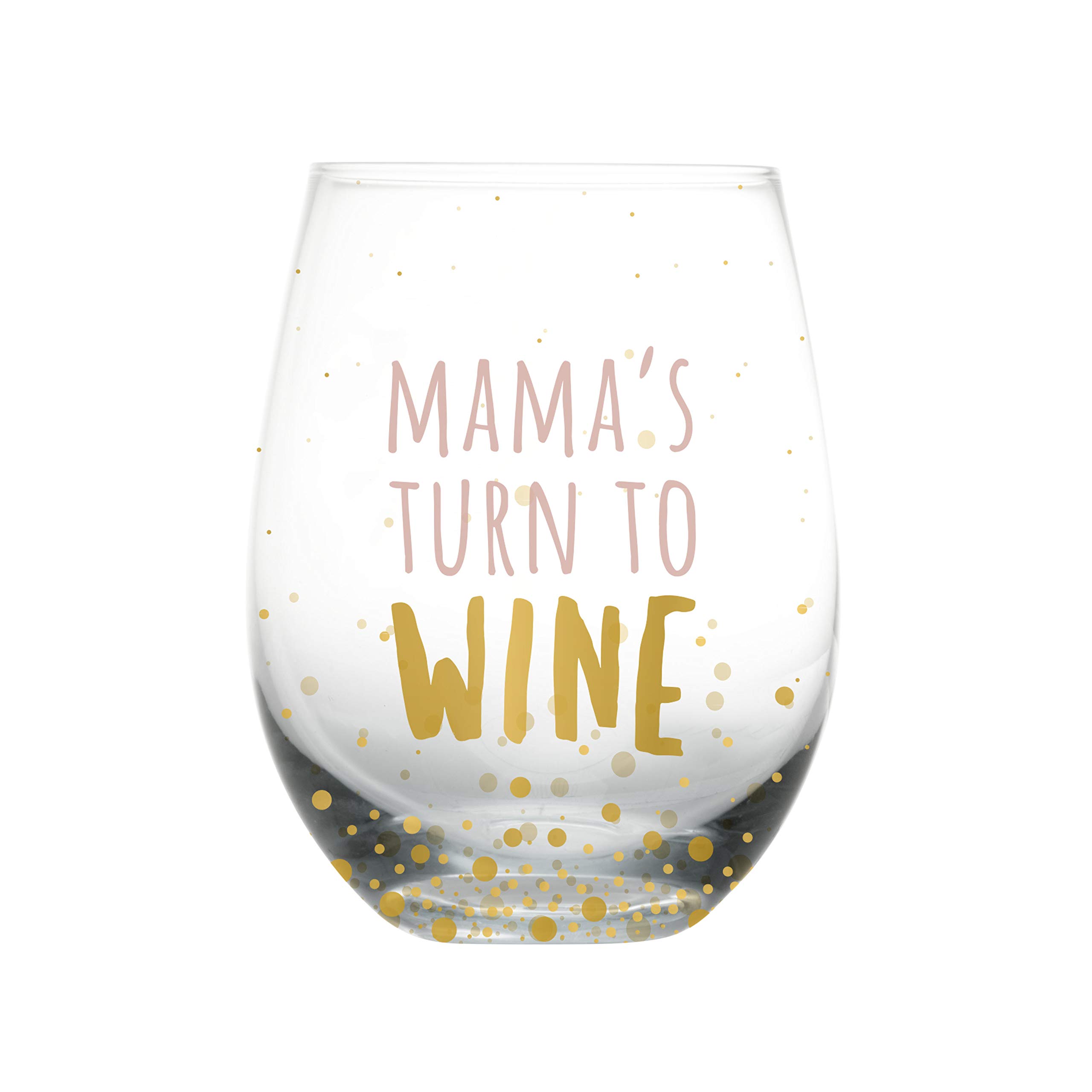 Pearhead Stemless Wine Glass for Mum – “Mama’s Turn to Wine” Funny Gift for New Mums or Mum-to-Be, Gold Polka Dot, 16oz