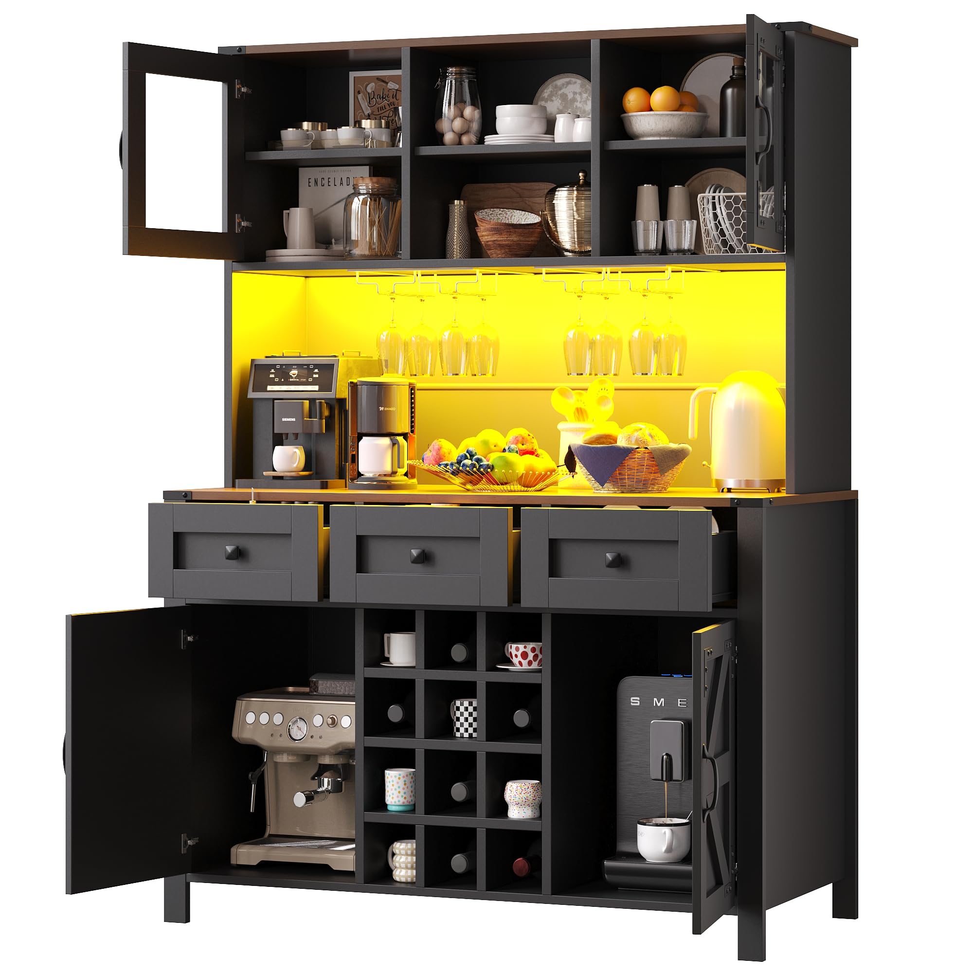 Küchenschrank Hochschrank mit LED Licht und USB Steckdose, Küchenbuffet Buffetschrank mit 4 Türen und Schubladen, Highboard Sideboard Schrank Schwarz mit Schubladen und Weinregal, 120x40x170 cm