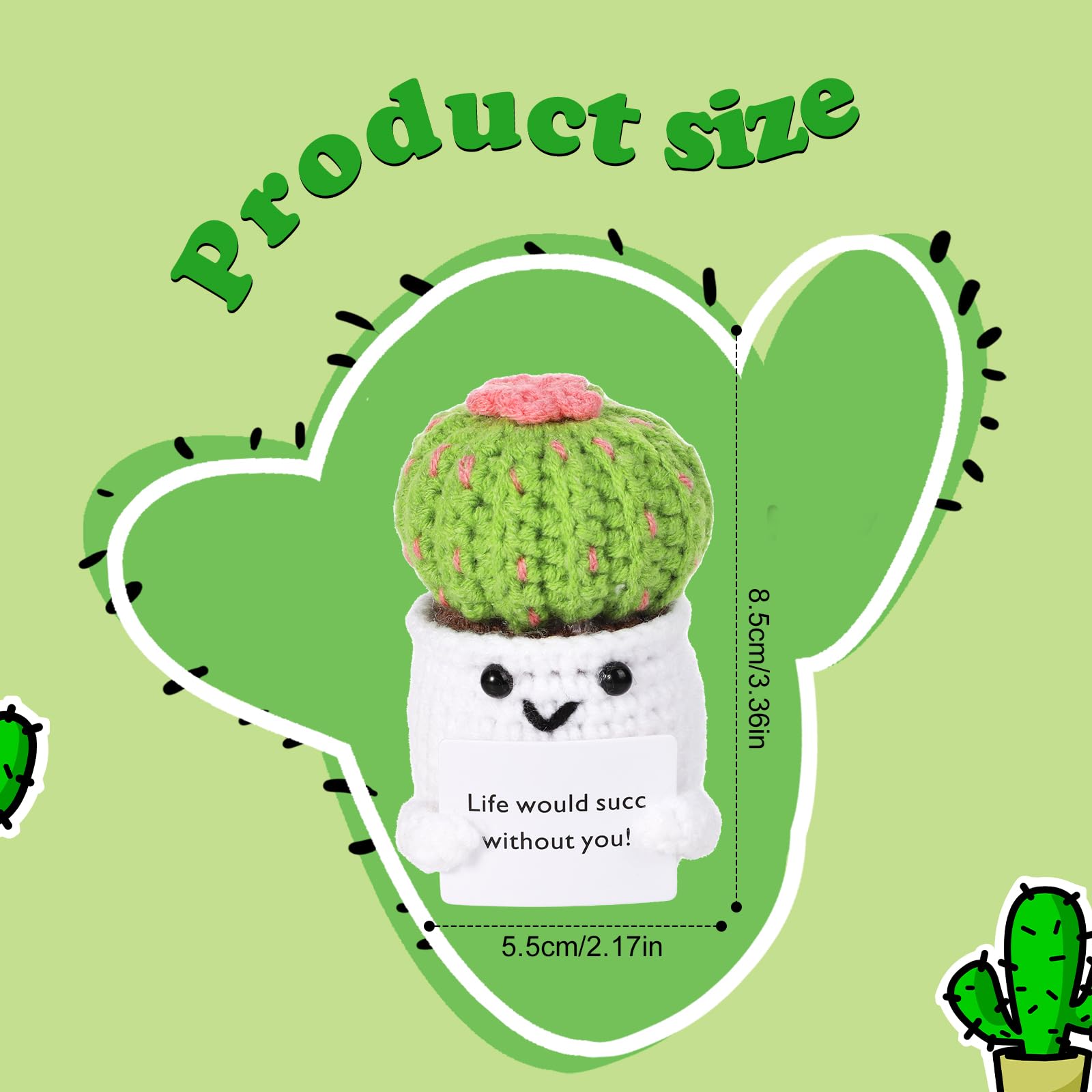 lasuroa Cactus Positivo Uncinetto, 16cm Piante Verdi Positive Uncinetto Bambola Cactus Lavorata Maglia Giocattolo Divertente Positiva Patata con Carta Incoraggiamento Decorazioni Cactus per Festa