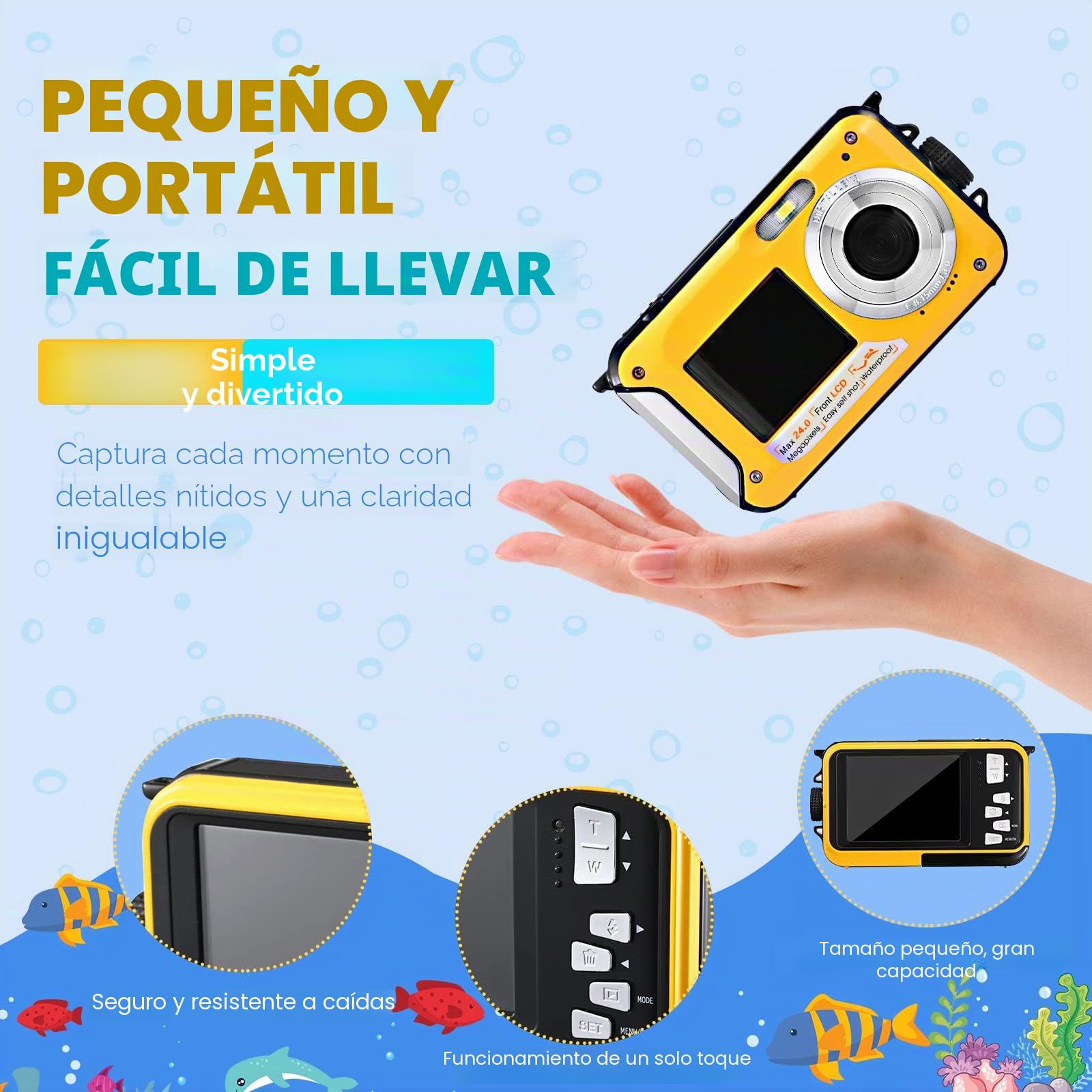 Cámara de Fotos Impermeable Digital Full HD 2,7K 24 MP Cámara subacuática Zoom Digital 16 X Cámara Impermeable con Doble Pantalla para Adolescentes y Estudiantes Principiantes