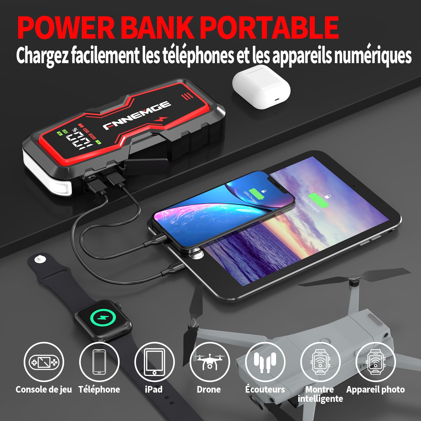 FNNEMGE Booster Batterie,6000A 22800mAh de Courant de Pointe, 12V Démarreur de jusqu'à Tout Le Essence et 8,0L Diesel, Jump Starter avec Port de Charge USB, lumière LED, HD Écran Large.