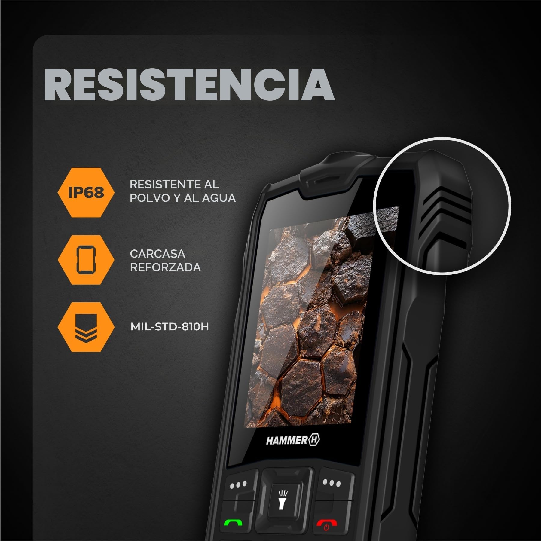 Hammer H Rock LTE Móvil Irrompible, Batería 3000 mAh, 64 GB, Pantalla IPS 2,4", Teclas Grandes, Botón SOS, Linterna, Radio FM, Bluetooth, USB-C, Dual SIM, IP68/MIL‑STD‑810H, Negro