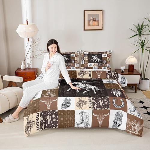 Miniatura 4 de Juego de edredón de vaquero, tamaño Queen, ropa de cama occidental para niños, juegos de edredón de cráneo de toro, juego de edredón de plumas de