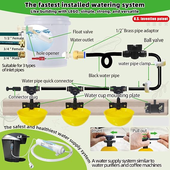 (10Cups) Complete Set Pipeline Automatic Chicken Waterer System, Innovative Quick-Connect Water System with Large Size Water Cups Removable and Washable, 21ft Pipeline and Float Valve