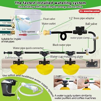 (10Cups) Complete Set Pipeline Automatic Chicken Waterer System, Innovative Quick-Connect Water System with Large Size Water Cups Removable and Washable, 21ft Pipeline and Float Valve