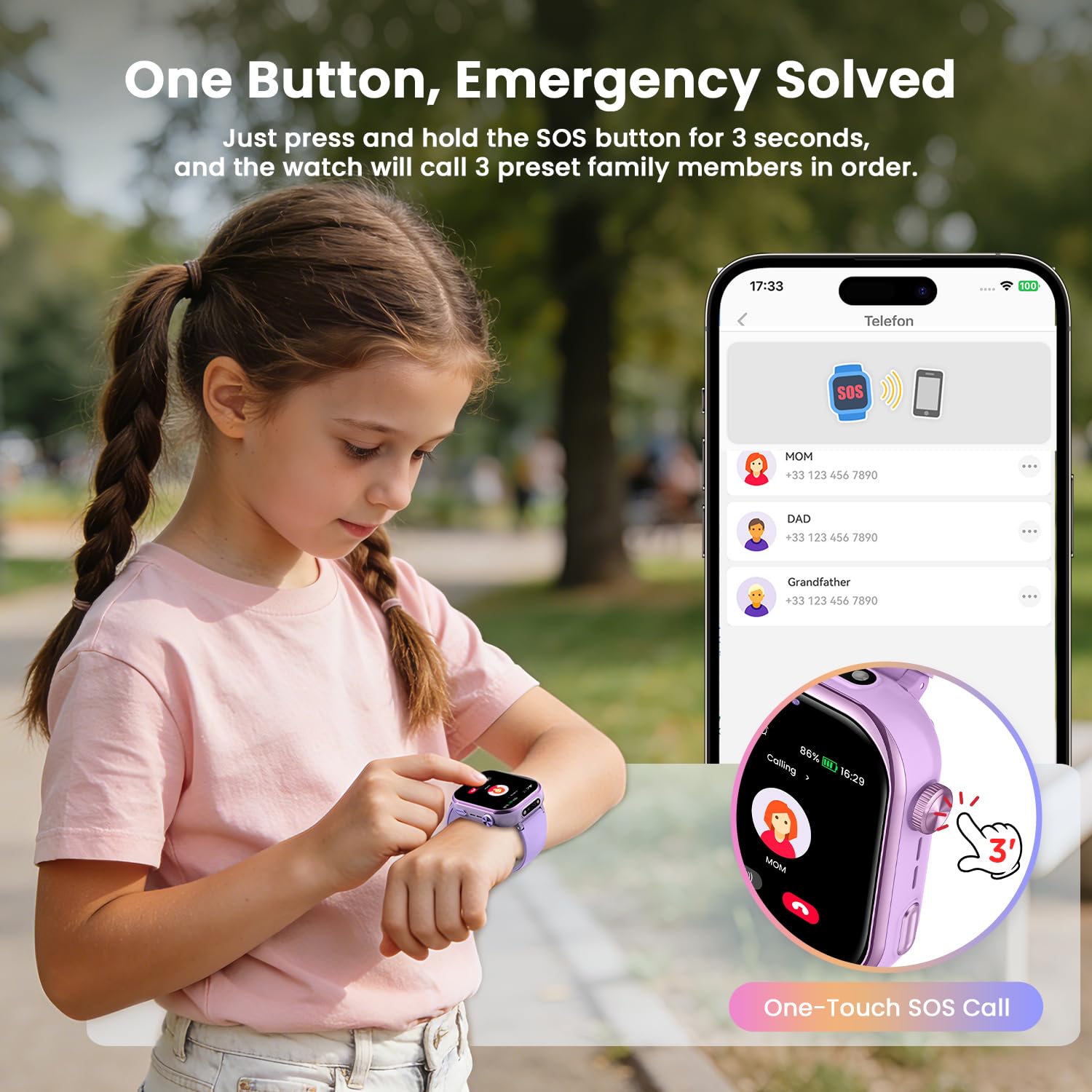 4G Montre Connectée Enfant avec GPS, Double Caméra, Appel Vidéo, SMS, Chat Vocal, SOS, Mode Classe, Réveil, Lampe Torche, IP68, Podomètre, Cadeau pour Garçons Filles, Violet - Garantie 3 Ans