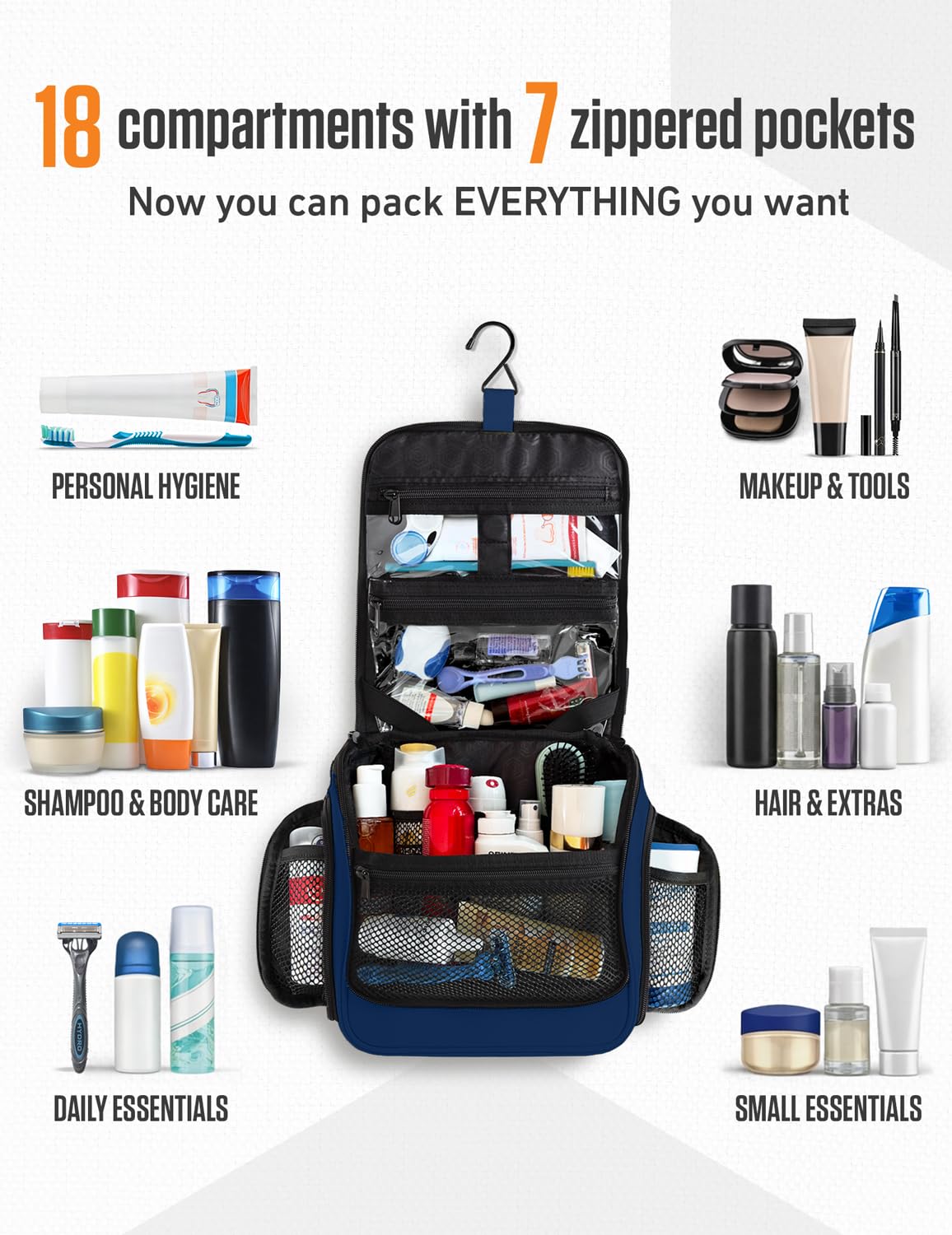 VENTURE 4TH - Neceser de viaje colgante para hombres y mujeres, 18 compartimentos, Azul marino, Minimalista