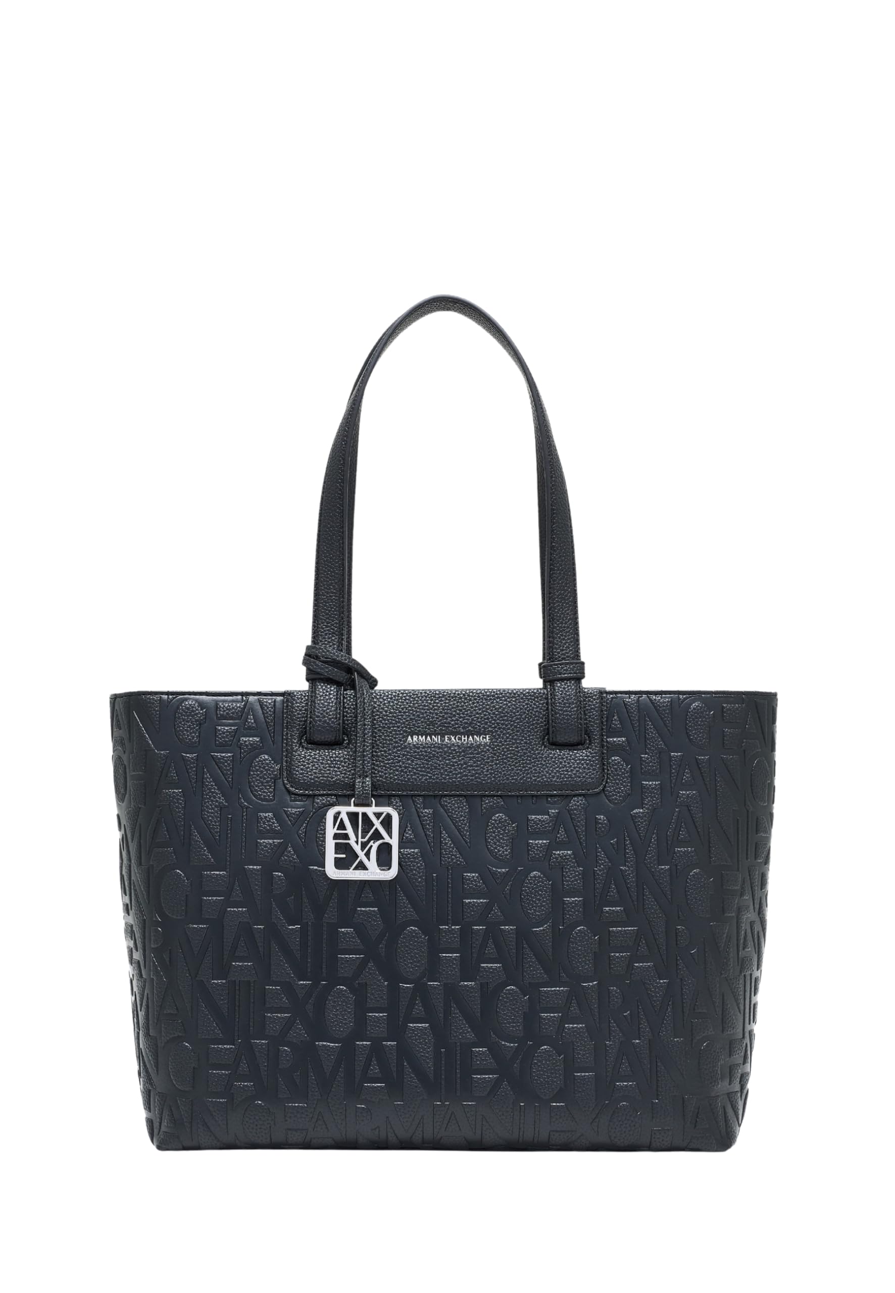 Armani Exchange Women's Liz patent embossed logo texture shopping bag, Black, TU