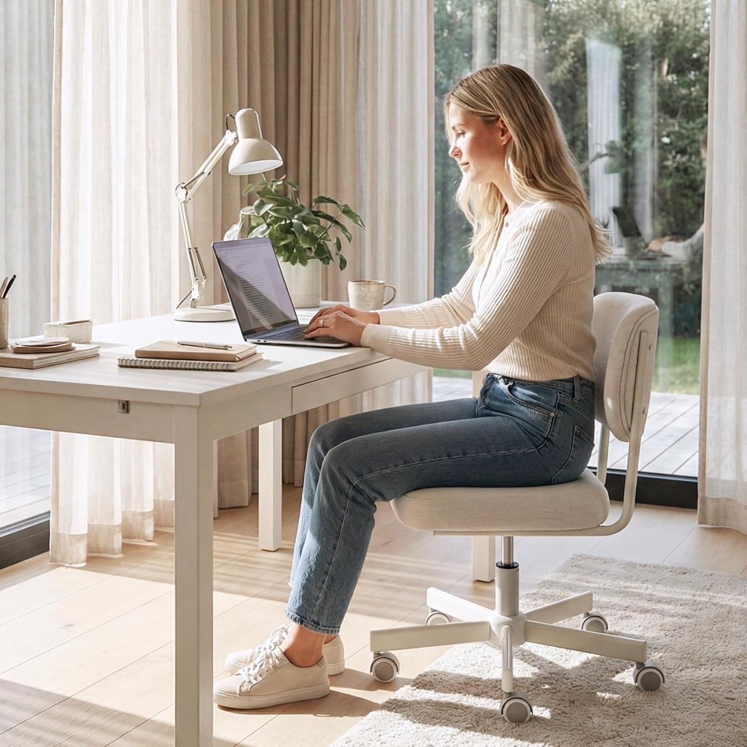 Vanity Chair with Back, Modern Armless Fabric Office Chair, Silent Wheels, Height Adjustable Swivel Desk Chair, Compact for Bedroom, Study, Dressing Room White