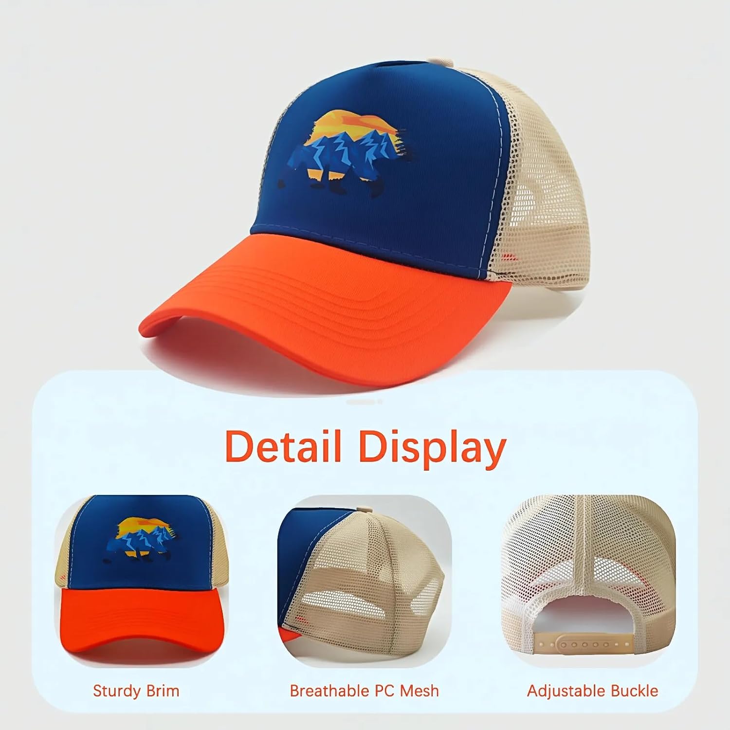 Boys' Mountain Bear Trucker Hat for Youth Toddler, Adjustable Snapback Mesh Baseball Cap for Kids Ages 3-8