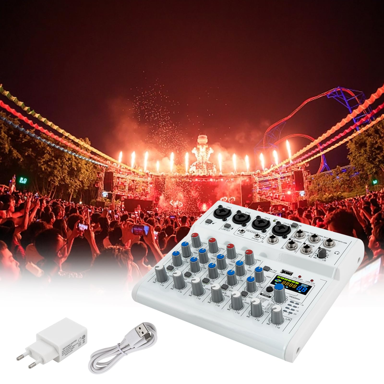 7 Kanal Stereo Live Mischpulte mit 88 digitale Effektprozessor, Professioneller Audio Sound Mixer mit Bluetooth und USB Schnittstelle, 48V Phantomspeisung DJ Stereo Sound Mischpult mit Farbdisplay