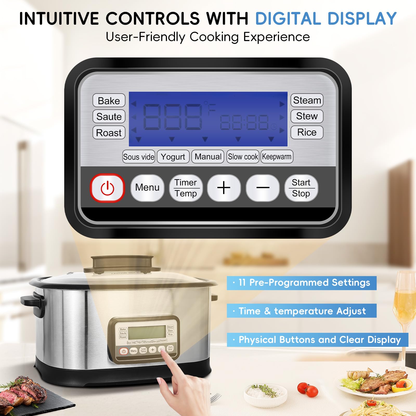 Slow Cooker programmabile, 11-in-1 Multi Cooker Electric, 6.5 Quart 1500 W Nonstick Inner Pot with Timer, Temp Control & Dishwasher Safe Glass Lid, Stainless Steel