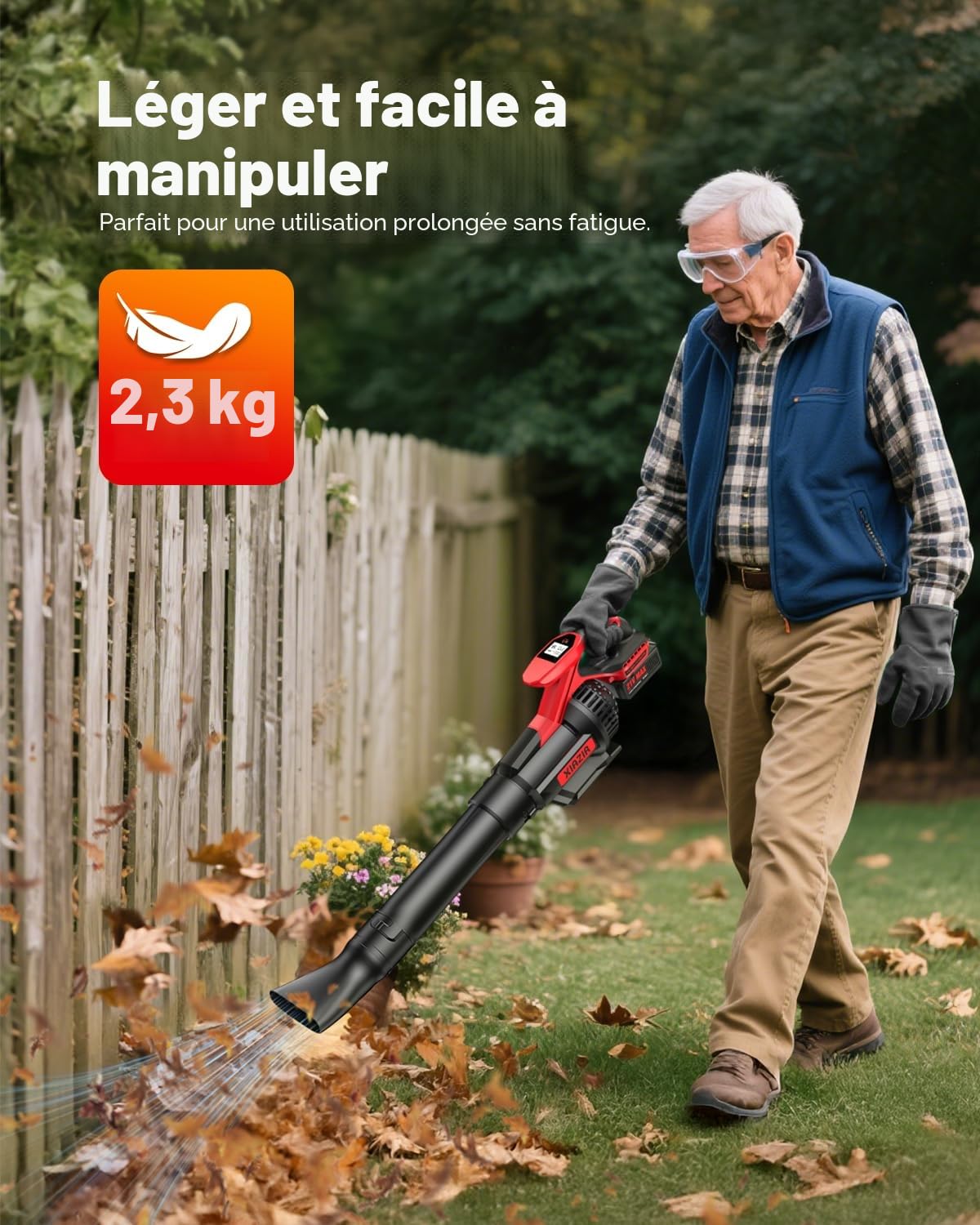 Souffleur de Feuilles sans Fil avec Écran LCD, 3 Vitesses, 2×4.0Ah Batteries et Chargeur Rapide, Souffleur Électrique Léger pour Entretien du Jardin, Allée, Feuilles, Poussière et Neige
