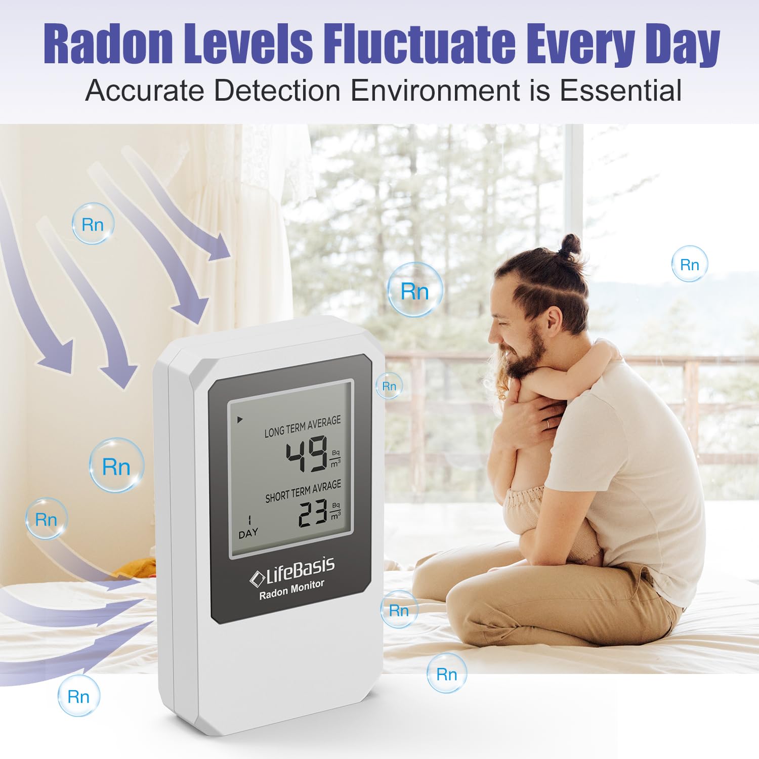 LifeBasis Détecteur de Radon, Radon Gas Detector avec Suivi à Court et à Long Terme pour Maison et Bureau Gamme de 0-18500 Mq/m³, Blanc