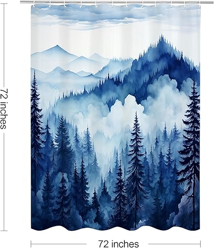 Miniatura 6 de Cortina de ducha azul marino con bosque de pinos brumosos, cortinas de ducha con paisaje de bosque brumoso de montaña, cortinas de ducha para baño