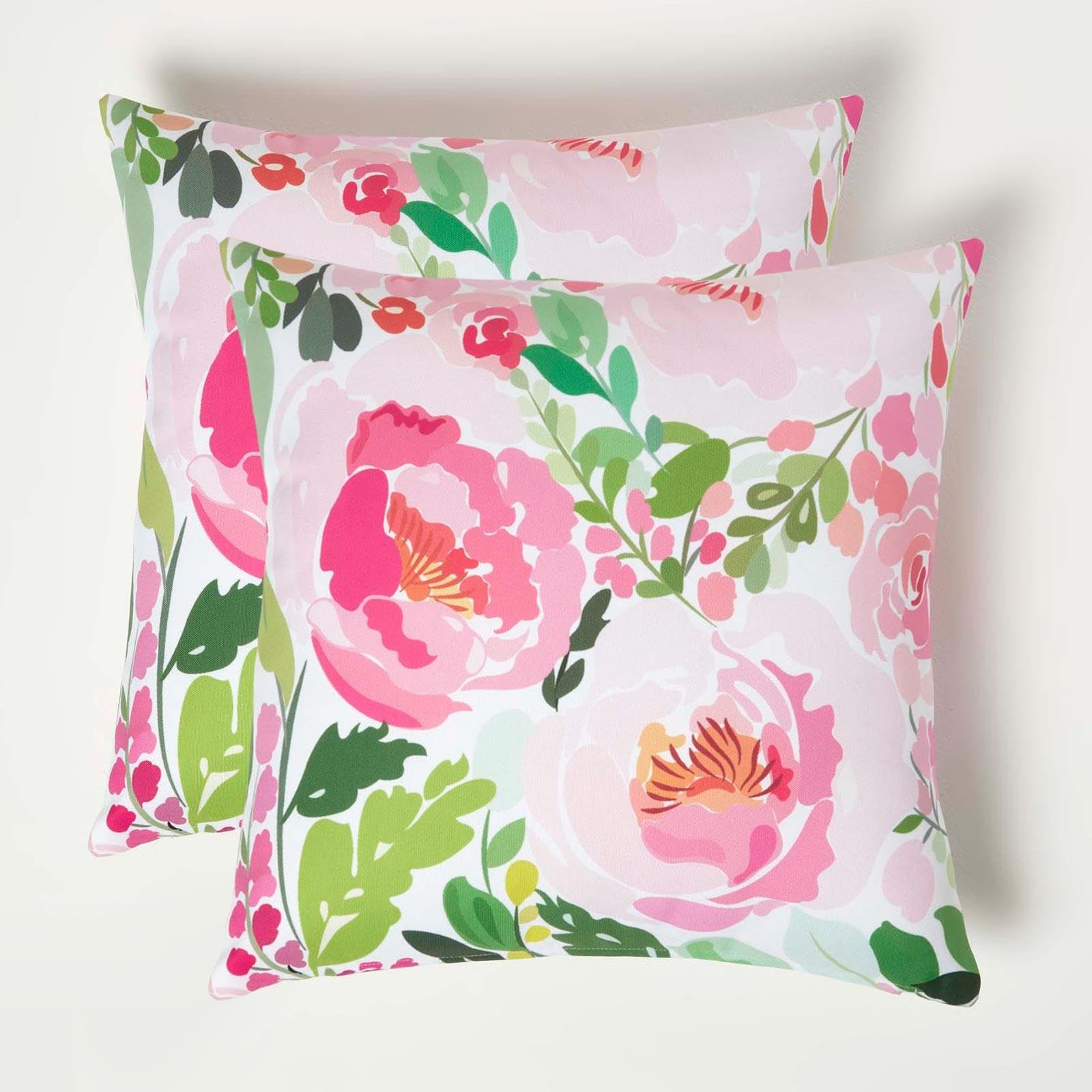 HOMESCAPES Set of 2 Outdoor Cushions Waterproof, Pink Peony Flowers Filled Garden Cushion, Hypoallergenic Polyester, Decorative Pillows for Indoor & Outdoor Patio, Benches & Sofa - 45 x 45cm