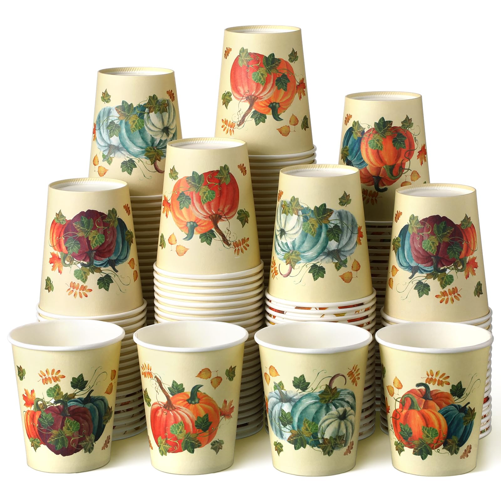100 Pcs 9 oz Fall Disposable Paper Cups Autumn Paper Cup Thanksgiving Party Supplies Pumpkin Maple Leaves Cups for Coffee Juice Hot Cold Drink Thanksgiving Decorations (Cute Pumpkin)