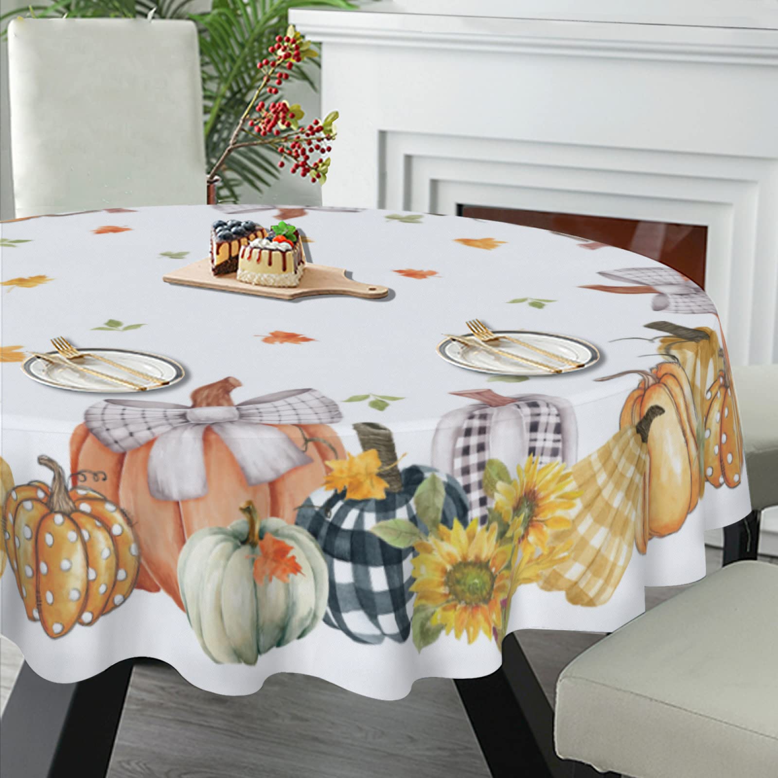 HGXJCLY Fall Tablecloth Round Thanksgiving Table Cloth Autumn Leaves Pumpkin Printed Table Cover for Home Dinner Party Decorations Indoor