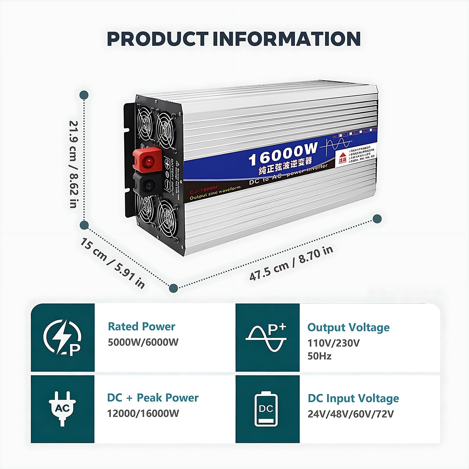 2026 Upgraded Inverter Onda Pura, 16000w/12000w Inverter Auto, Dc 24V/48V/60V/72V a Ac 230V, Display LCD Intelligente, Alimentazione Alta, Per Strumenti Heavy-Duty(16000W,48V)